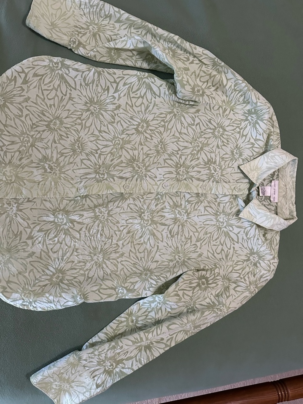 Susan Graver Light Green Floral Burnout Button-Front Shirt - Size L